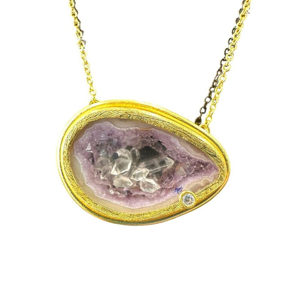 Natural Geode Floating Crystals Herkimer Diamond 18k Gold Over Sterling Necklace